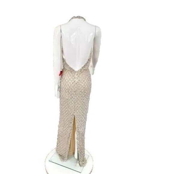 MAC DUGGAL SEQUIN CRYSTAL FRINGED HALTER STRAP GOWN NUDE SILVER SZ‎ 0 5678 RARE - Picture 5 of 10